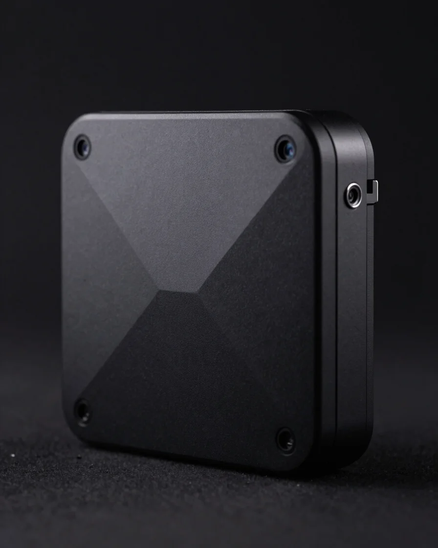 Close-up of a personal tech device's geometric casing, matte black finish, with soft contour lighting emphasizing the in